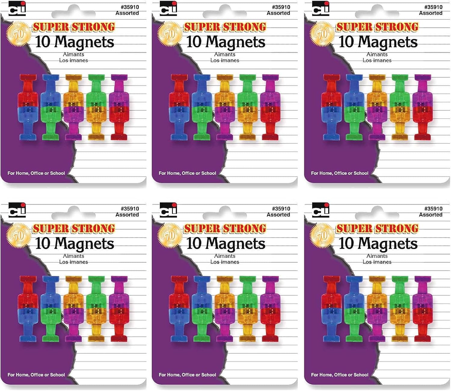 Charles Leonard Push Pin Style Super Strong Strength Magnets, 3/4in x 3/4in, Assorted Colors, 10 Magnets Per Pack