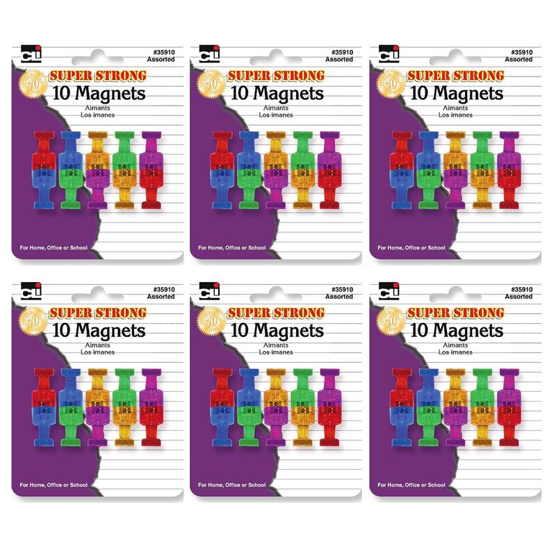 Charles Leonard Push Pin Style Super Strong Strength Magnets, 3/4in x 3/4in, Assorted Colors, 10 Magnets Per Pack, Set Of 6 Packs