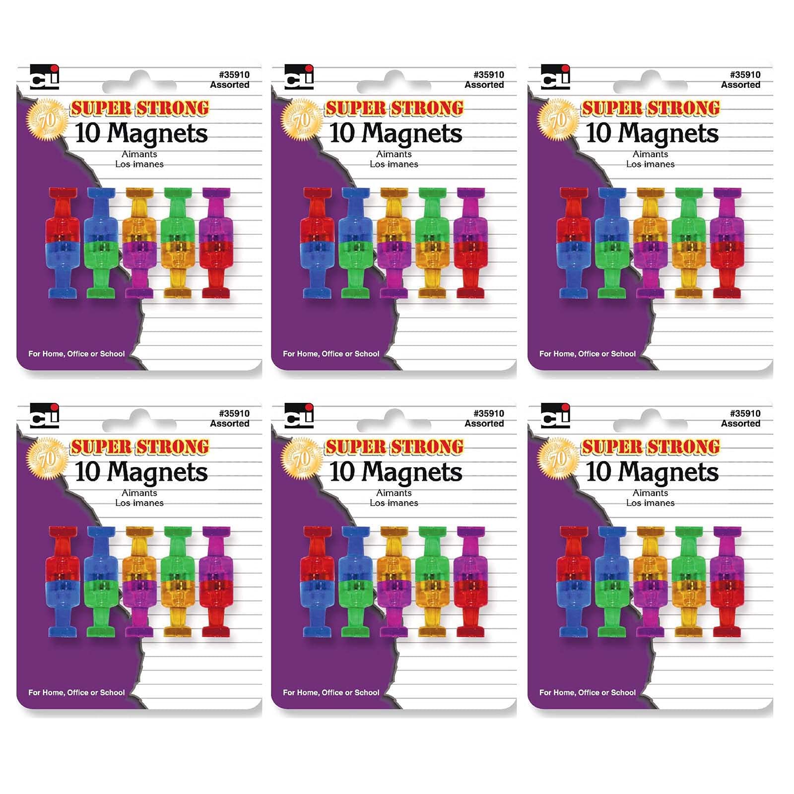 Charles Leonard Push Pin Style Super Strong Strength Magnets, 3/4in x 3/4in, Assorted Colors, 10 Magnets Per Pack