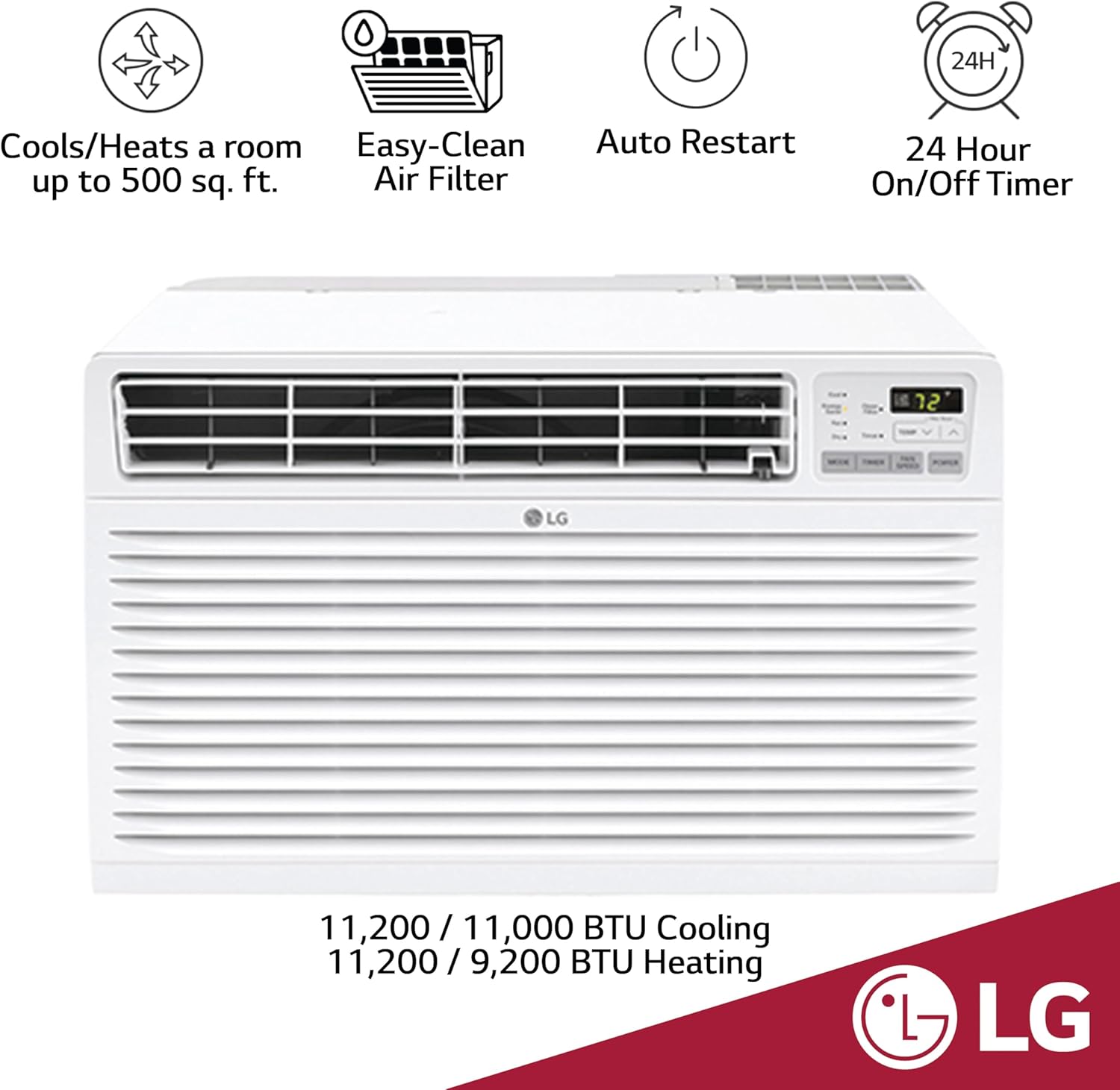 LG 11,200 BTU Through the Wall Air Conditioner, 230/208V, Cools 550 Sq.Ft. for Bedroom, Living Room, Apartment, with Remote