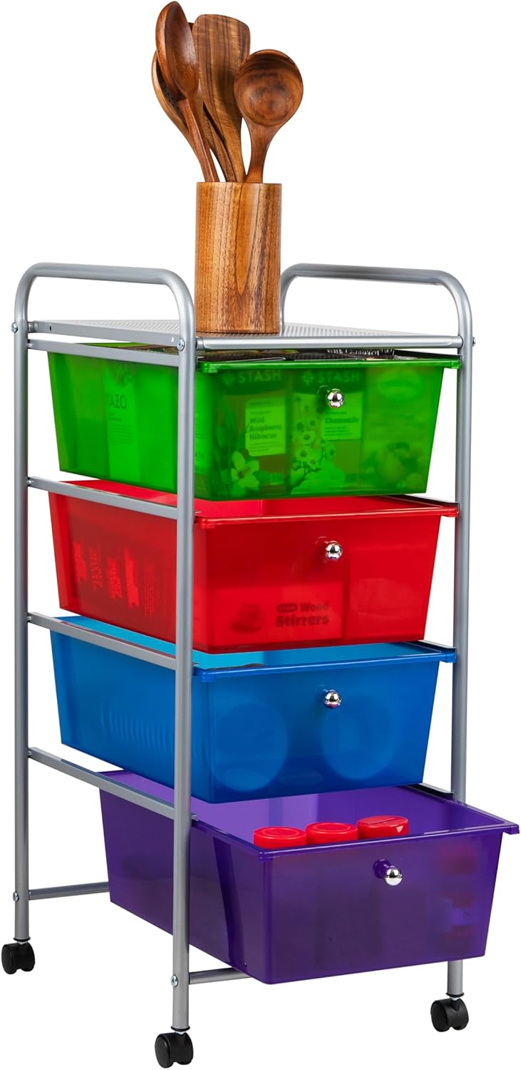 Mind Reader Rolling Cart with Drawers, Utility Cart, Craft Storage, Kitchen, Metal, 12.75"L x 15.25"W x 30"H, Multi-color