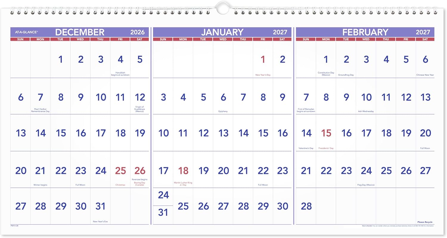 AT-A-GLANCE Three-Month Reference Wall Calendar