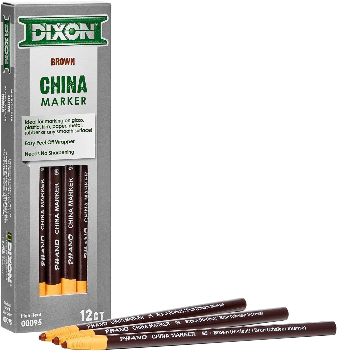 DIXON Industrial Phano Peel-Off China Marker Pencils, High Heat, Brown, 1 (00095)(Pack of 1) 12 Count (Pack of 1) Brown