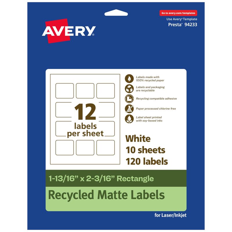 Avery EcoFriendly Matte White Recycled Rectangle Labels, 1-13/16" x 2-3/16", Print-to-The-Edge, Matte White Labels, Permanent Adhesive, Laser/Inkjet Printable, 120 Total 120 labels