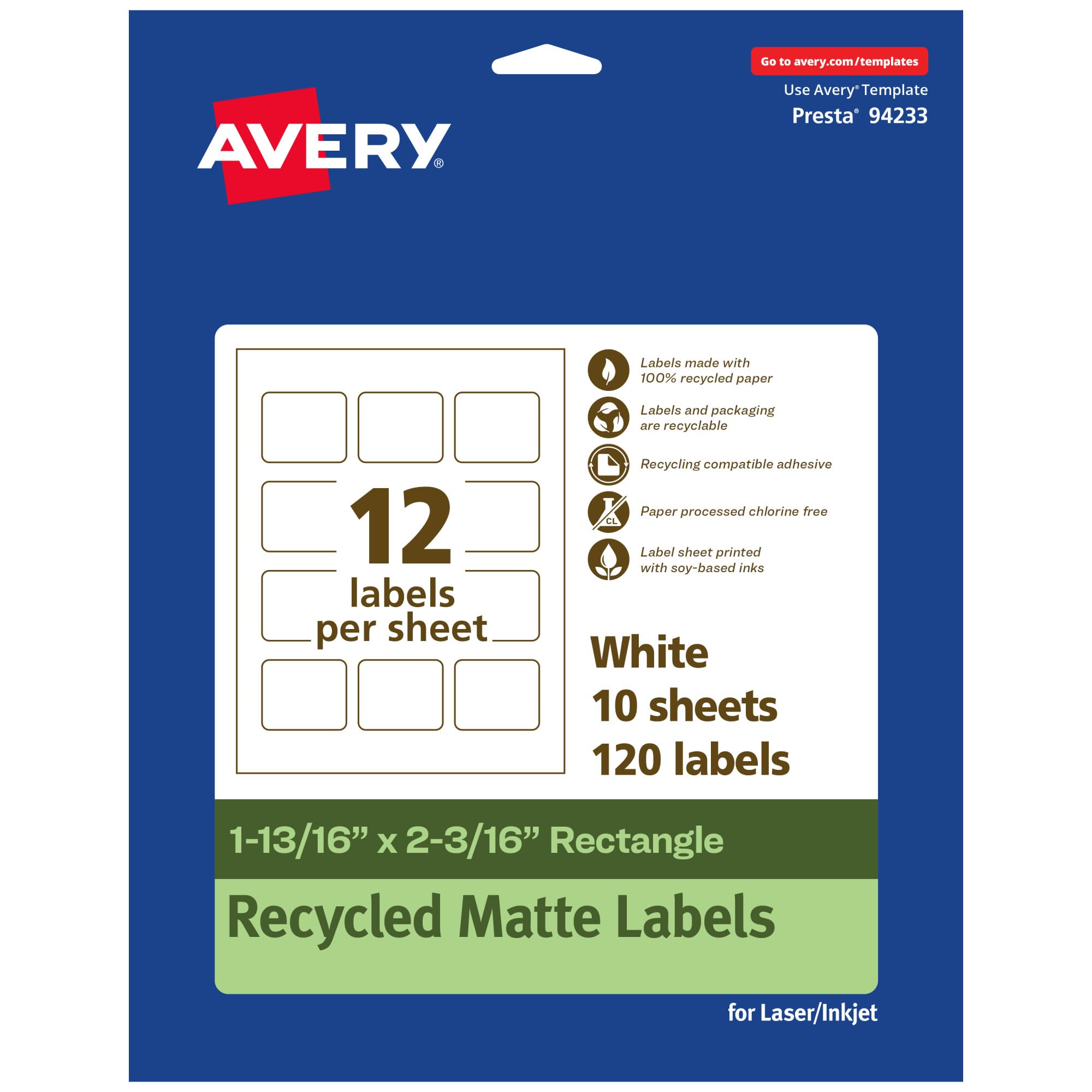 Avery EcoFriendly Matte White Recycled Rectangle Labels, 1-13/16" x 2-3/16", Print-to-The-Edge, Matte White Labels