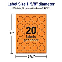 Avery Printable Round Labels, Sure Feed Technology, 1-5/8" Diameter, Bright Orange, Print-to-the-Edge, Laser/Inkjet