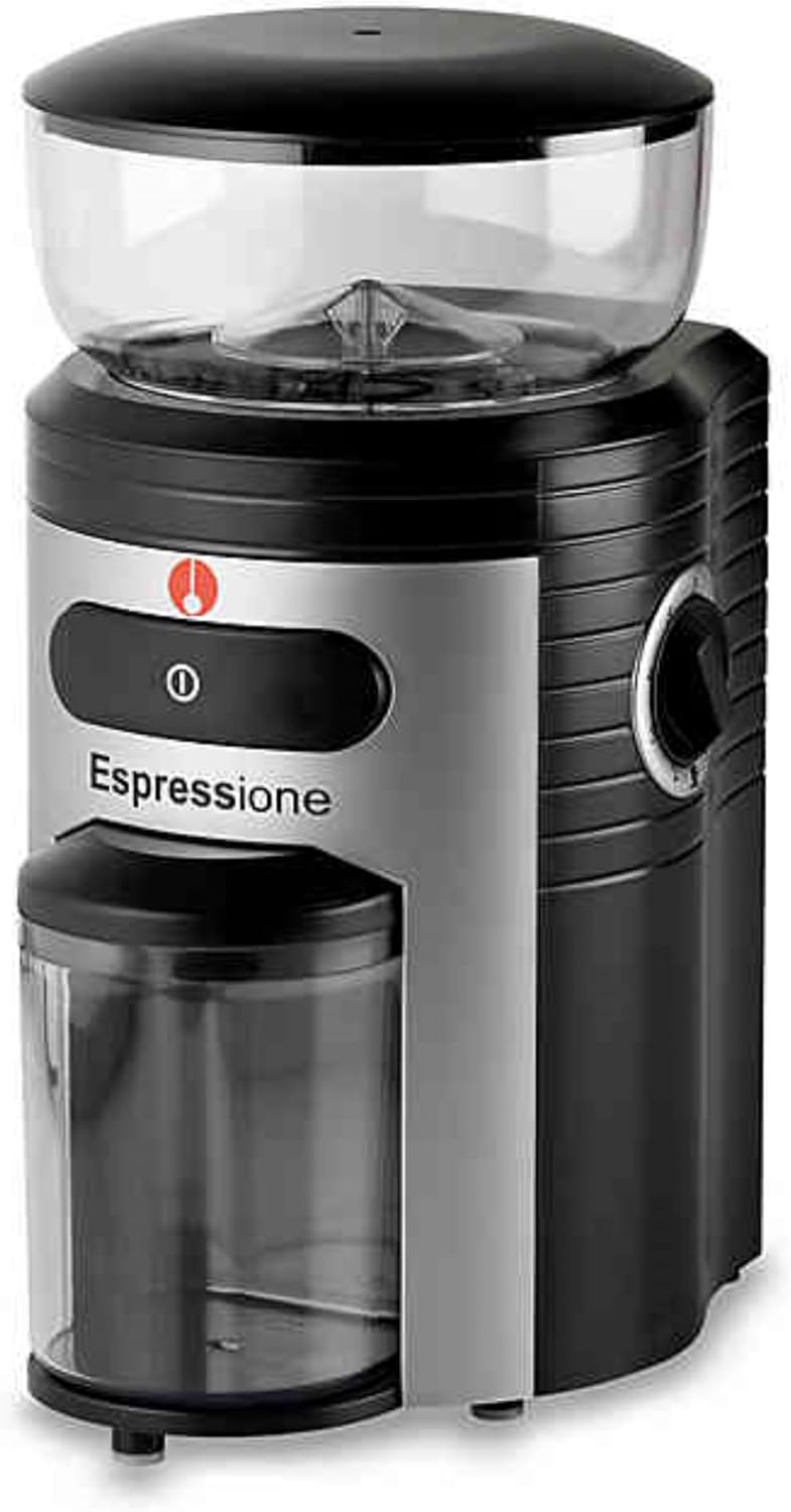 Espressione Professional Conical Burr Coffee Grinder, 8.5-Oz Hopper, 15-Level, Black/Silver