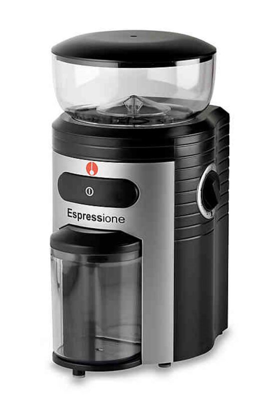 Espressione Professional Conical Burr Coffee Grinder, 8.5-Oz Hopper, 15-Level, Black/Silver