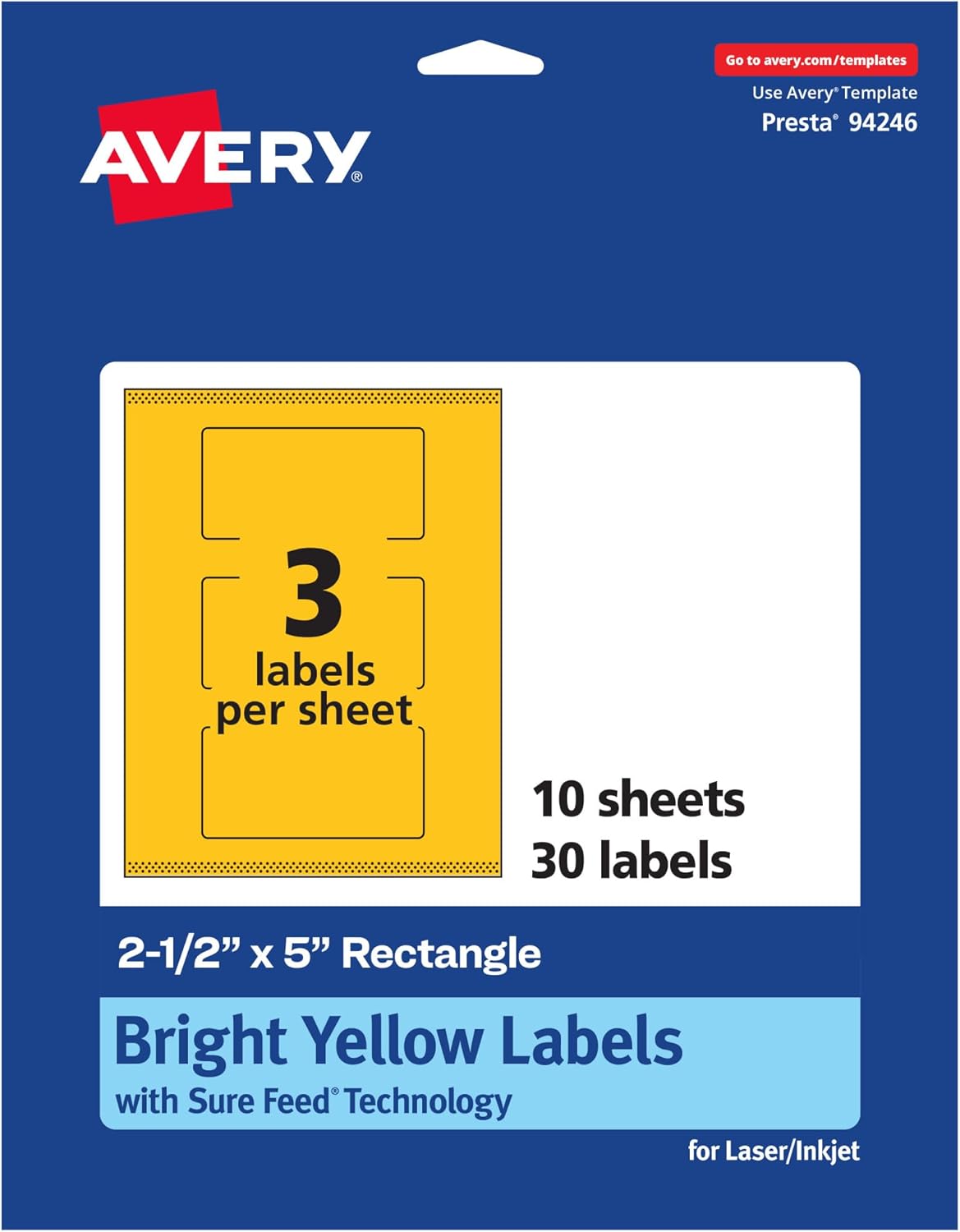 Avery Printable Rectangle Labels, Sure Feed Technology, 2-1/2" x 5", Bright Yellow Labels, Print-to-The-Edge
