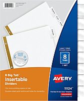 Avery Big Tab Insertable Dividers for 3 Ring Binders, 8-Tab Set, White Paper, Clear Tabs, 1 Binder Divider Set (11124) 1 Set 1 Set