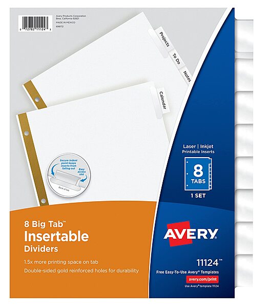 Avery Big Tab Insertable Dividers for 3 Ring Binders, 8-Tab Set, White Paper, Clear Tabs, 1 Binder Divider Set (11124) 1 Set 1 Set