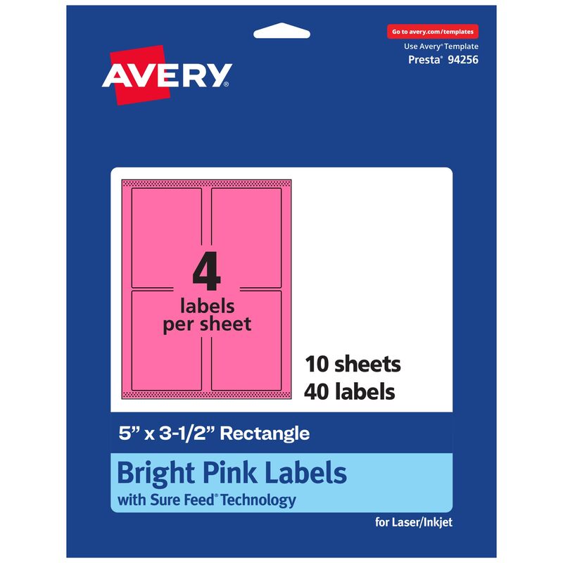 Avery Printable Rectangle Labels, Sure Feed Technology, 5" x 3.5", Bright Pink, Laser/Inkjet Printable