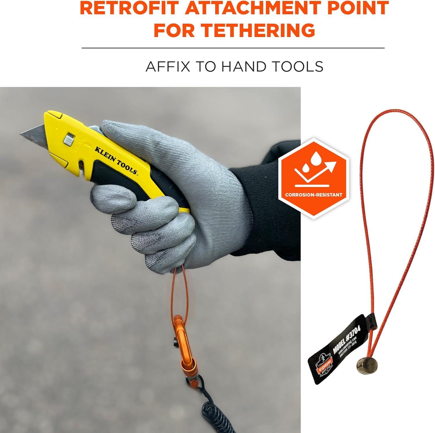 Wire Tool Attachment Tail with Loop End, Tool Weight Capacity 2lbs, 6-Pack, Ergodyne Squids 3704 , Orange