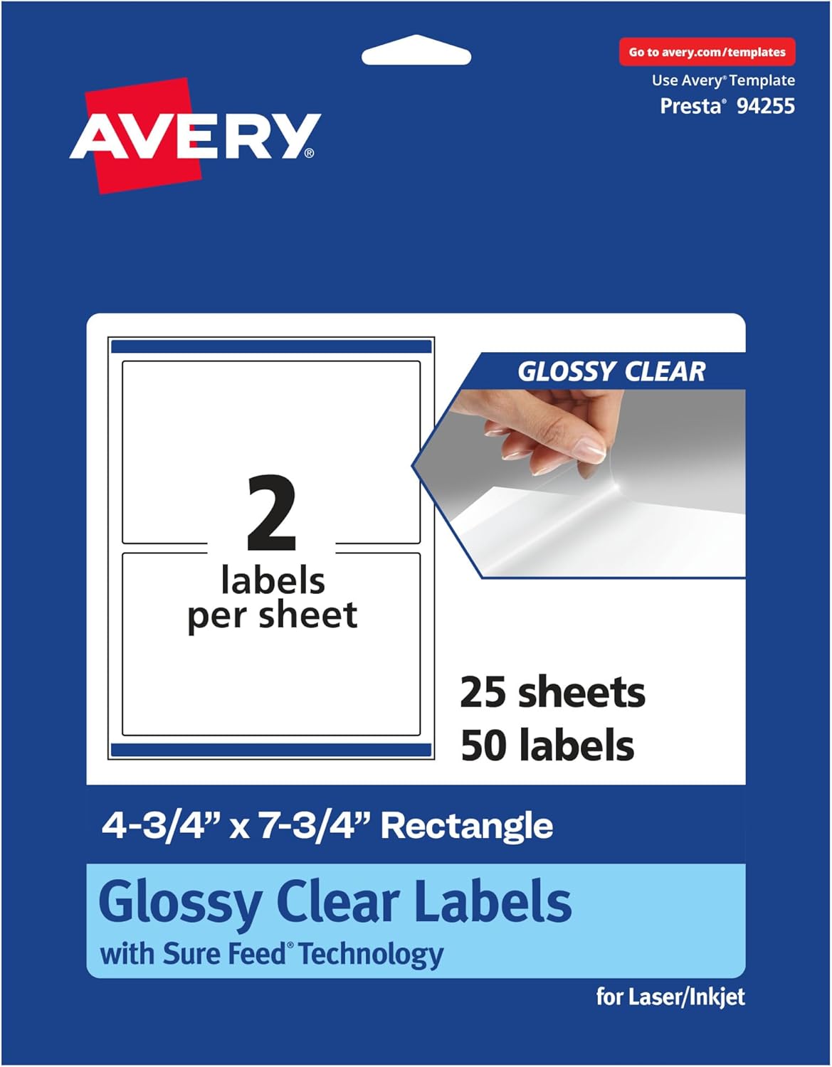 AVERY Glossy Clear Rectangle Labels, Sure Feed Technology, 4.75" x 7.75"