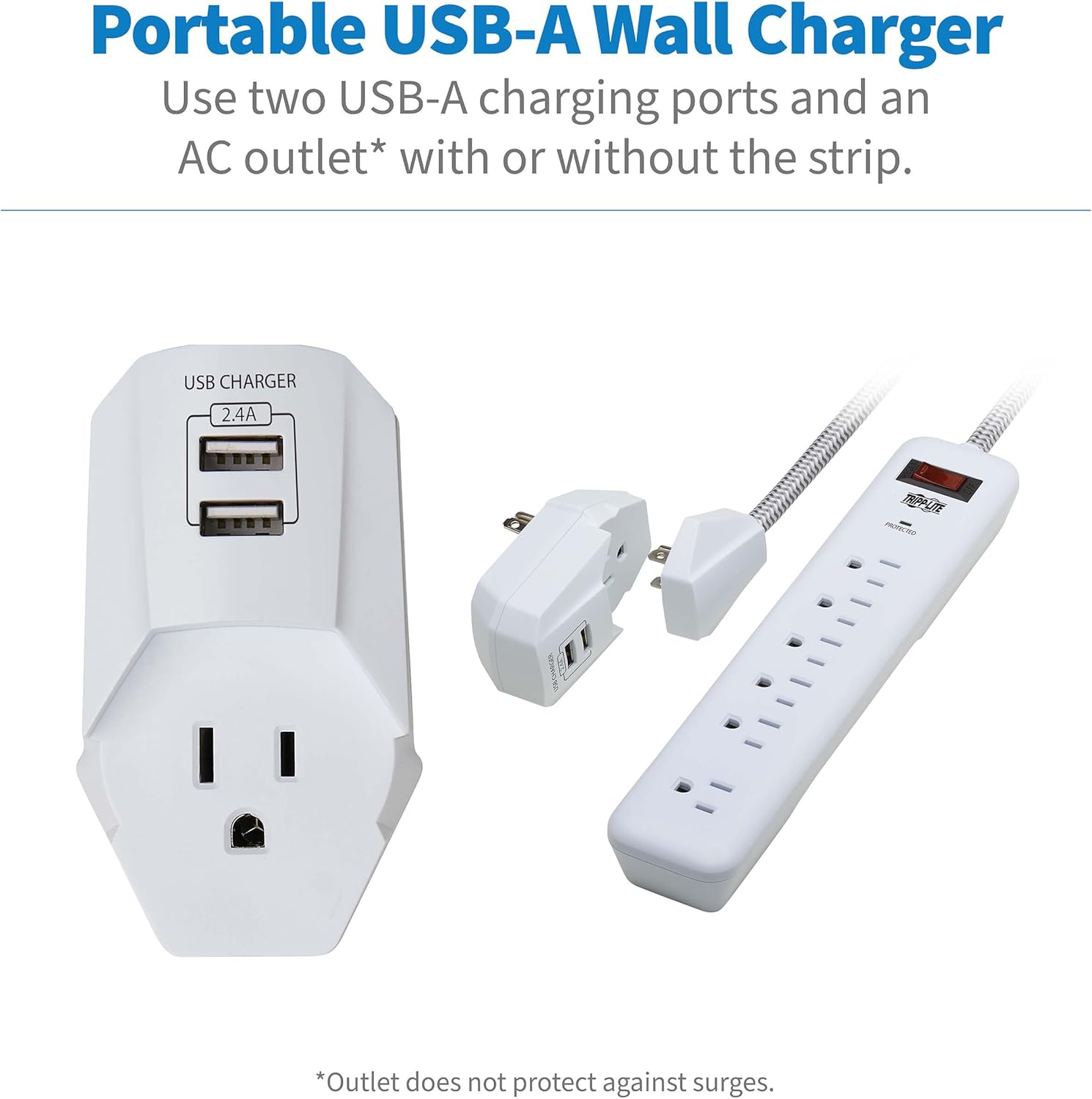 Tripp Lite Surge Protector Power Strip 7-Outlet with 2 USB Ports 6ft Cord White (TLP616USB)