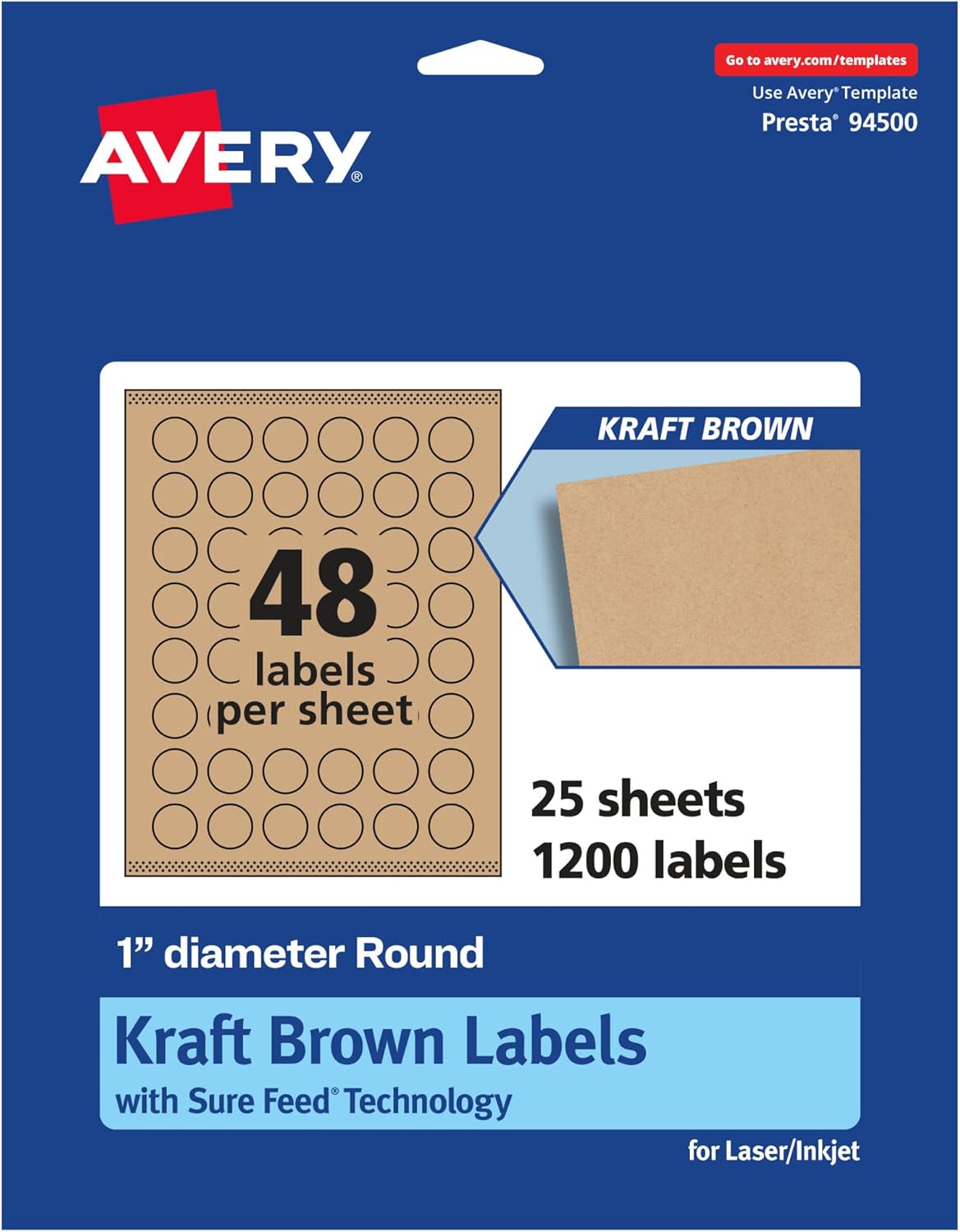Avery Kraft Brown Round Labels, Sure Feed Technology, 1" Diameter, Print-to-The-Edge, Laser/Inkjet Printable