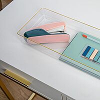 Martha Stewart Kerry Plastic Stackable Office Desk Drawer Organizers with Gold Trim