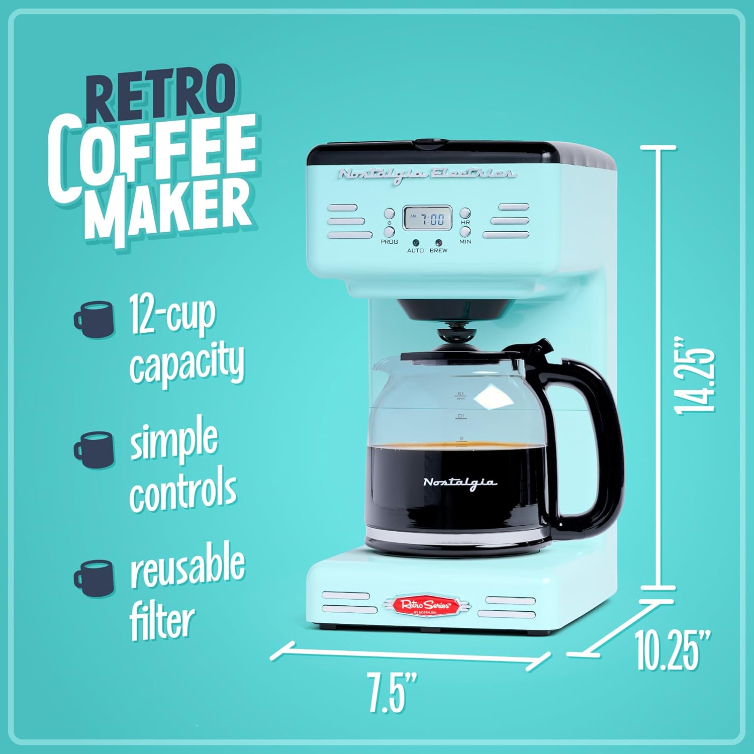 Nostalgia Retro 12-Cup Programmable Coffee Maker With LED Display, Automatic Shut-Off & Keep Warm, Pause-And-Serve Function