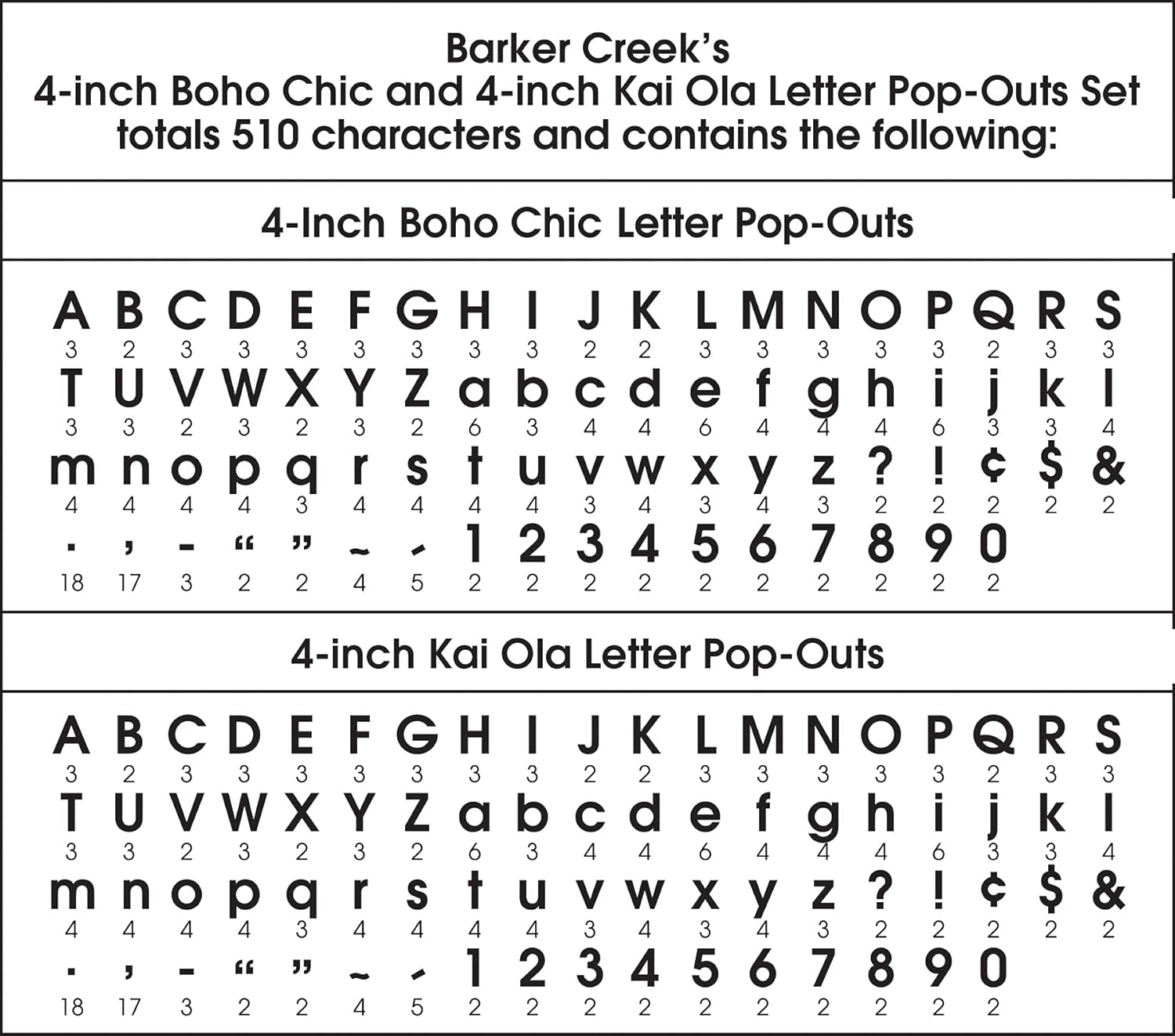 Barker Creek Letter Pop-Out Set of 2, 4" Kai Ola & 4" Boho Chic, Mixed-Design, 510 Characters Total (3851)