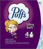Puffs Ultra-Soft 2-Ply Facial Tissues, 56 Sheets/Box, Pack of 4