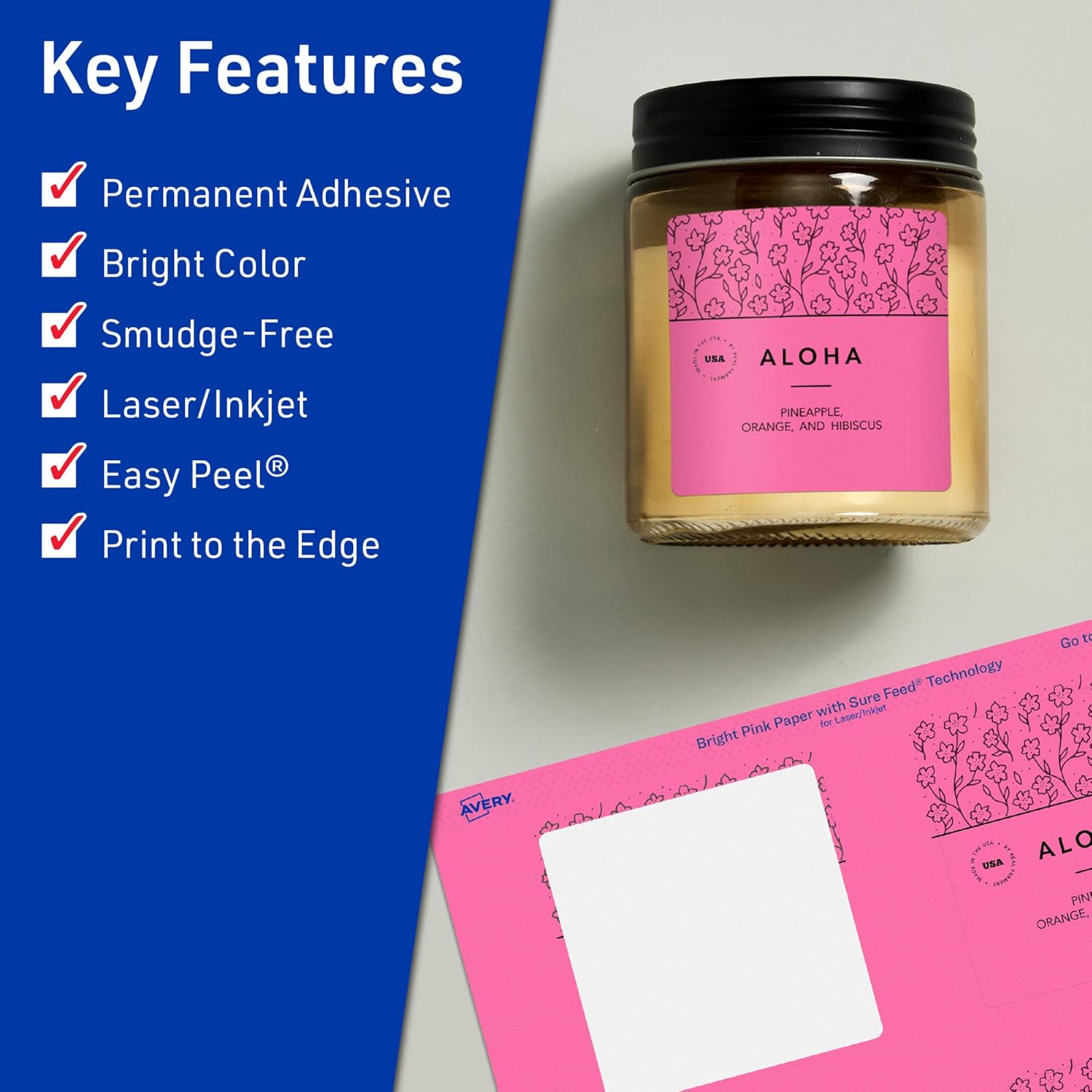 AVERY Bright Pink Square Labels, 2-3/4 in, Print-to-the-Edge, Sure Feed