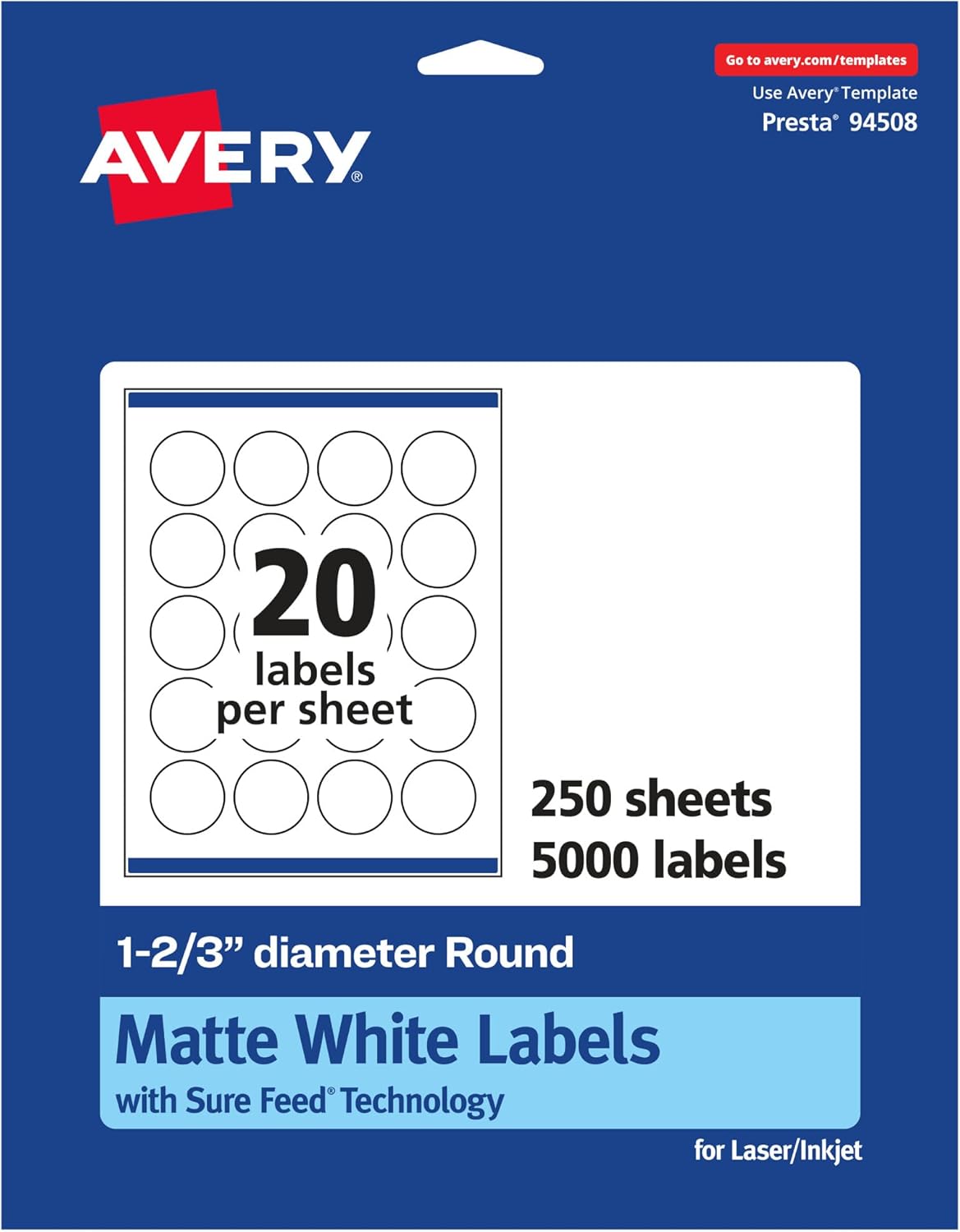Avery Matte White Round Labels, Sure Feed Technology, 1-2/3" Diameter