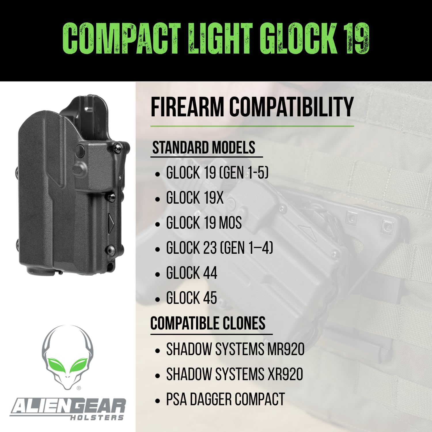 Alien Gear Rapid Force Level 2 Holster & Photon Light-Bearing Holster – Glock 19/19X/19 MOS/23 (Gen 1–4)/44/45/45 MOS