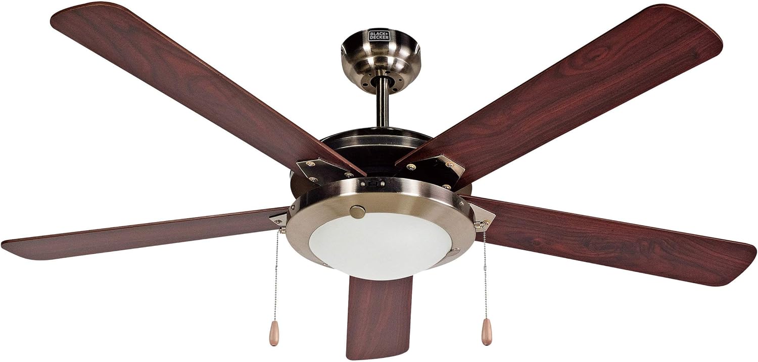 Black+Decker BCF5211 52-Inch 5-Bladed Pull Chain Brushed Nickel Ceiling Fan - 5 Blades - 52in Diameter - 3 Speed