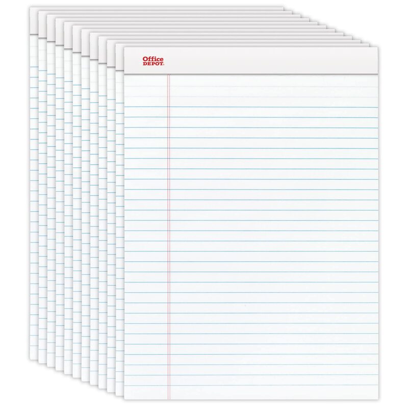 Office Depot Brand Writing Pads, 8-1/2in x 11-3/4in, Legal/Wide Ruled, 50 Sheets, White, Pack Of 12 Pads