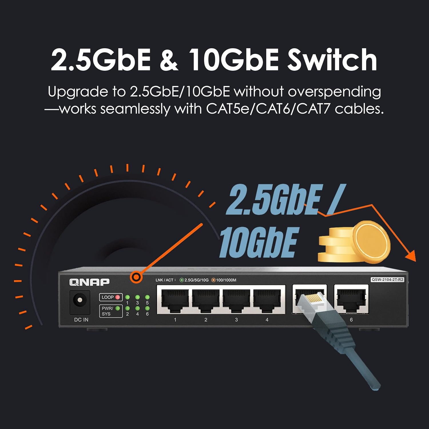 QNAP 4-Port 2.5Gbps & 2-Port 10BASE-T Unmanaged Switch (QSW-2104-2T-R2-US)