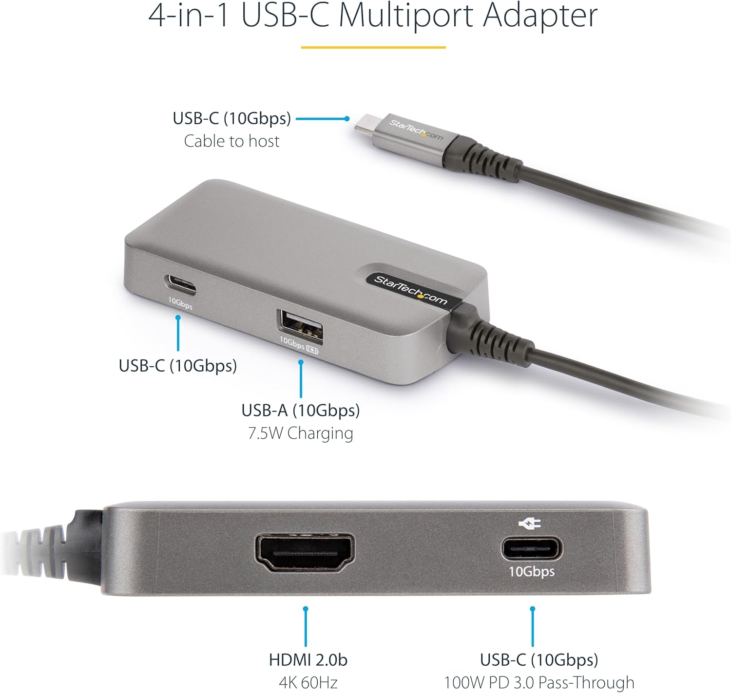 StarTech.com USB C Multiport Adapter - USB-C to 4K 60Hz HDMI 2.0, 100W Power Delivery Pass-Through - 3-Port 10Gbps USB Hub