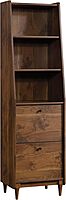 Sauder Harvey Park Tall Bookcase with Drawers, Mid-Century Modern Design, Narrow Bookcase - Grand Walnut Finish