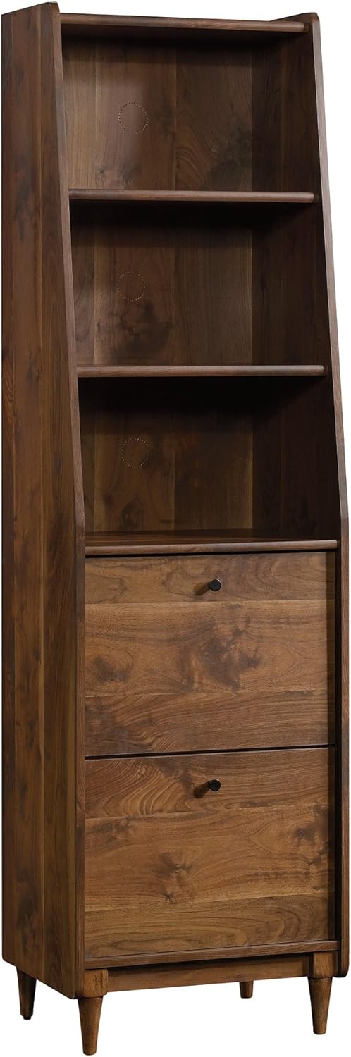 Sauder Harvey Park Tall Bookcase with Drawers, Mid-Century Modern Design, Narrow Bookcase - Grand Walnut Finish