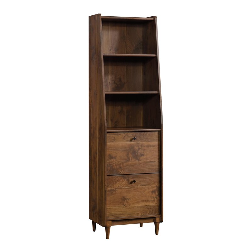 Sauder Harvey Park Tall Bookcase with Drawers, Mid-Century Modern Design, Narrow Bookcase - Grand Walnut Finish