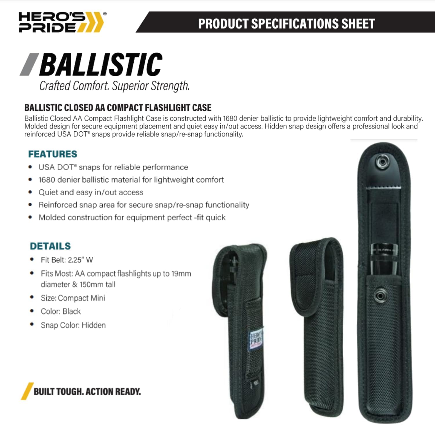 Hero's Pride Ballistic Closed AA Compact Flashlight Case - Lightweight Design - Hidden USA DOT Snaps