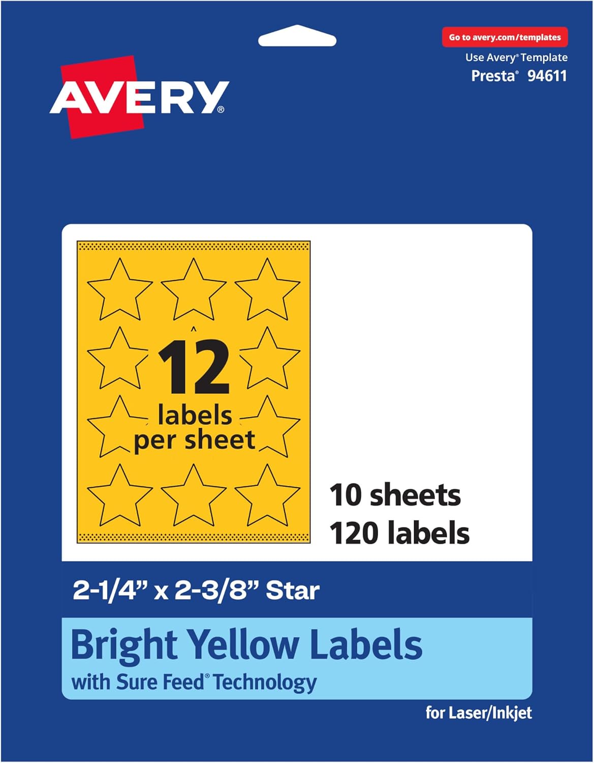 Avery Printable Star Labels, Sure Feed Technology, 2-1/4" x 2-3/8", Bright Yellow, 120