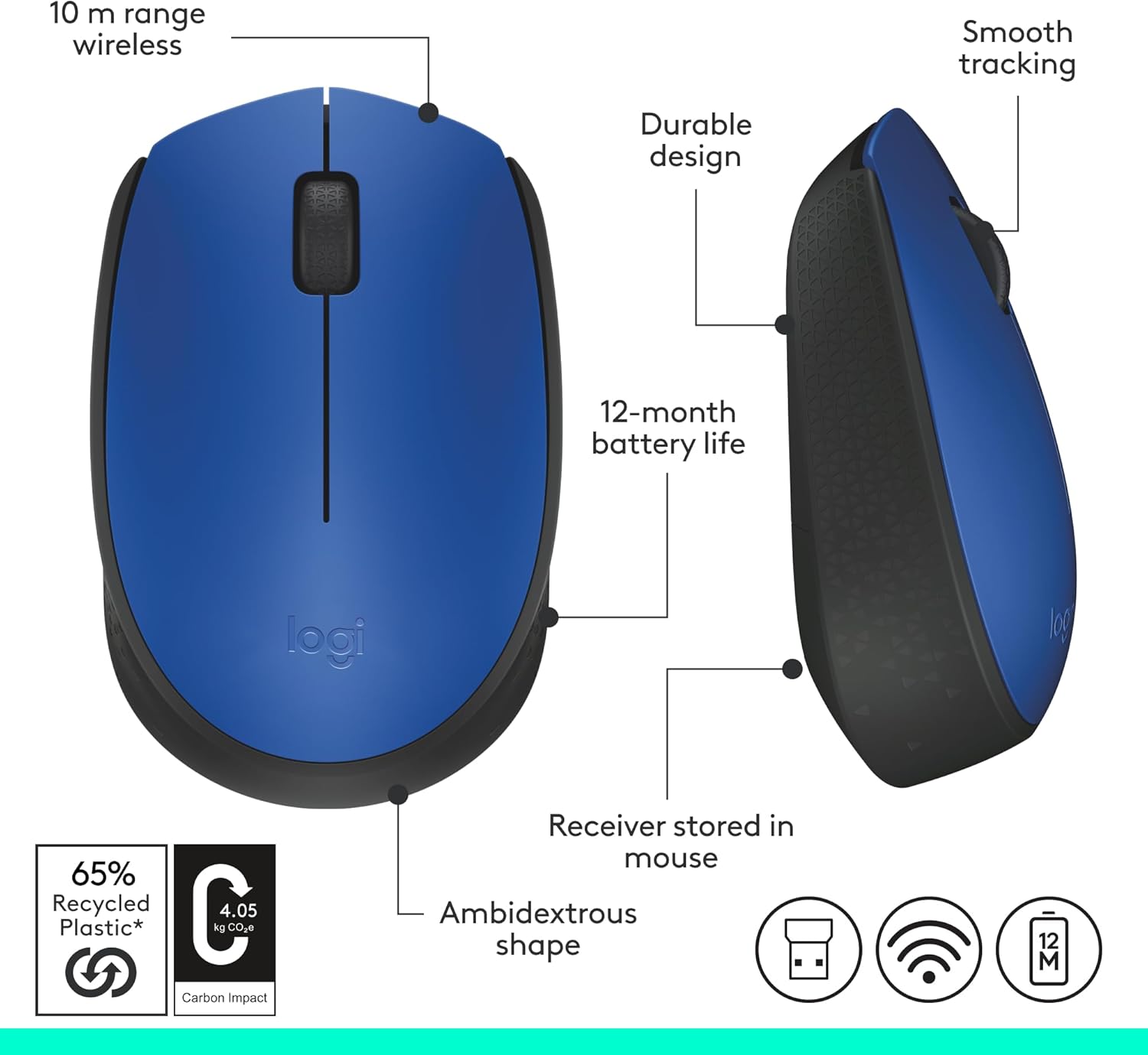 Logitech M170 Wireless Mouse for PC, Mac, Laptop, 2.4 GHz with USB Mini Receiver - Battery Life, Ambidextrous