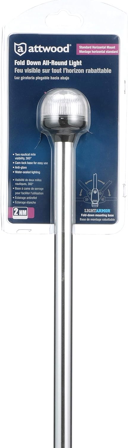 Attwood 5550-PA20-7 Lightarmor Folding All-Round 20-Inch Marine Boat 360-Degree Pole Light, Silver