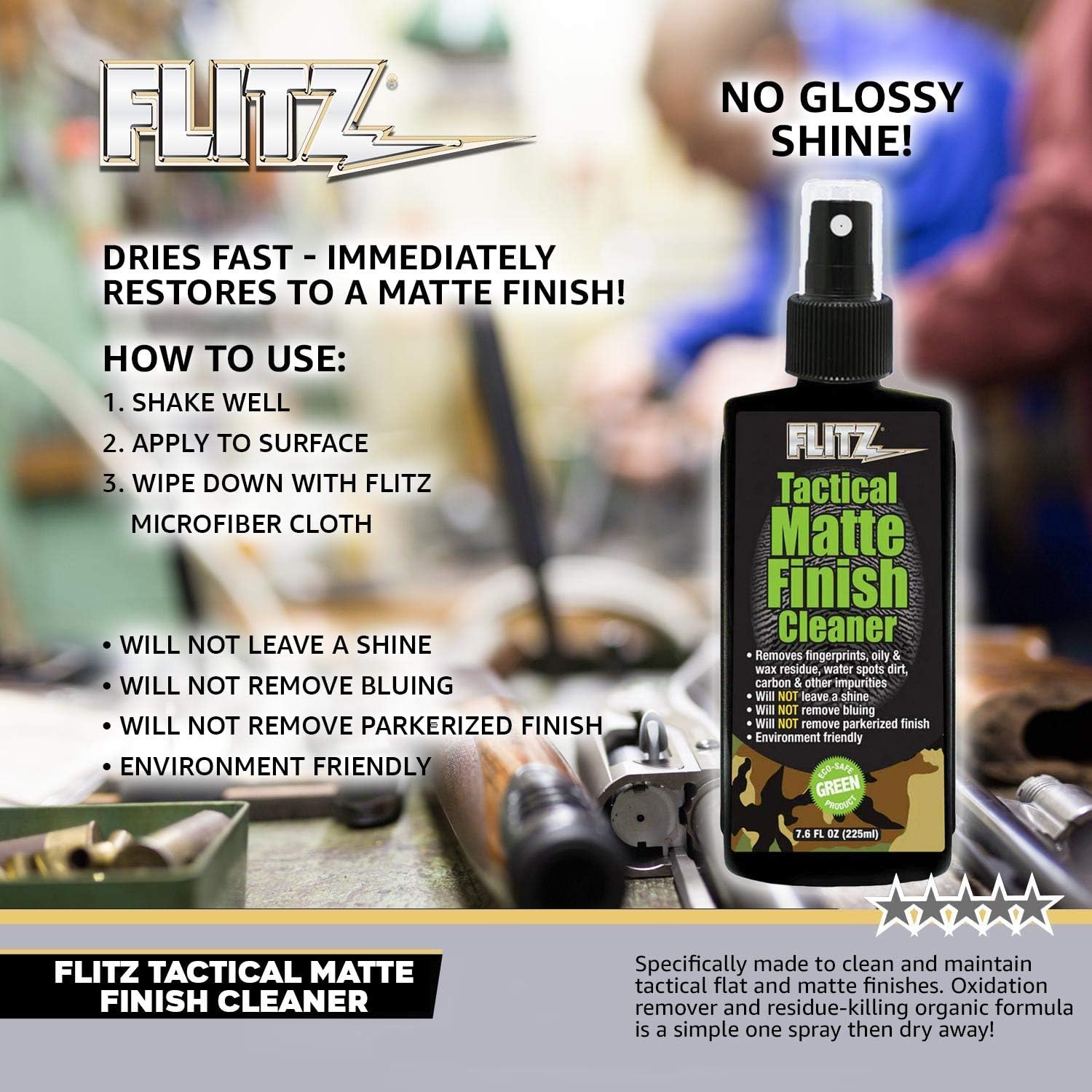 Flitz Tactical Matte Finish Cleaner - 7.6oz Bottle of USA-Made Gun Cleaner Spray to Remove Fingerprints, Oil