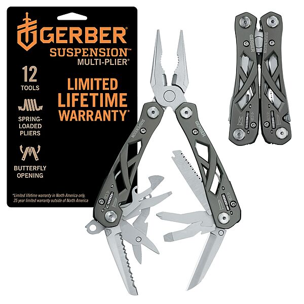 Gerber Gear Suspension 12-in-1 Needle Nose Pliers Multi-tool - Multi-Plier, Wire Cutter, Crosspoint and Flathead Screwdriver Set, Small Scissors - EDC Gear and Equipment - Gifts for Men - Gray Grey