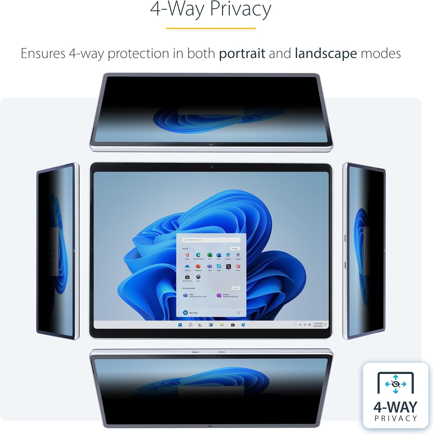 StarTech.com 4-Way Privacy Screen for 13-inch Surface Pro 8/9/X Laptop, Portrait/Landscape, Touch-Enabled