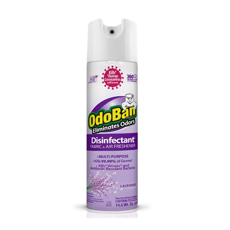 OdoBan Ready-to-Use 360-Degree Continuous Spray Disinfectant & Harsh Aroma Eliminator, Fabric and Air Freshener, Made in the USA, Lavender Scent, 14.6 Ounces