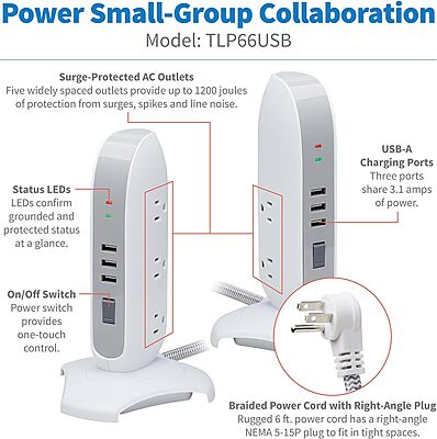 Tripp Lite TLP66USB Surge Protector Tower with USB Ports, 1200 Joules, 5-Outlets