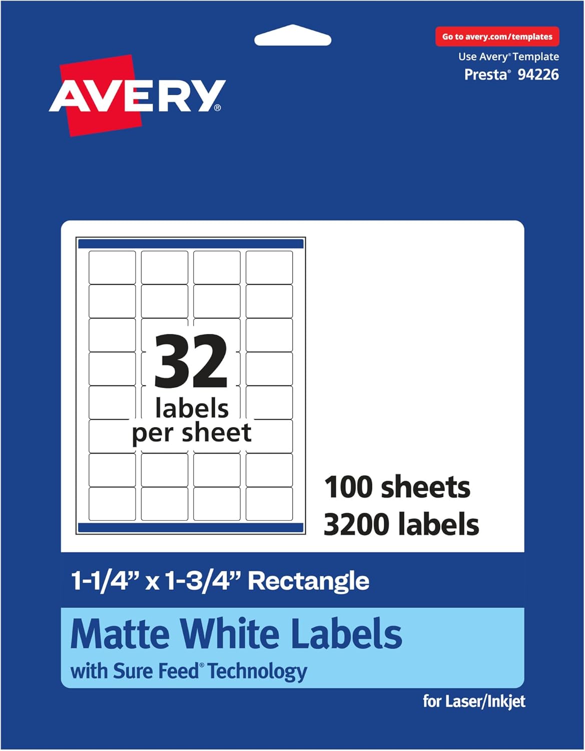 Avery Matte White Rectangle Labels, Sure Feed Technology, 1.25" x 1.75"