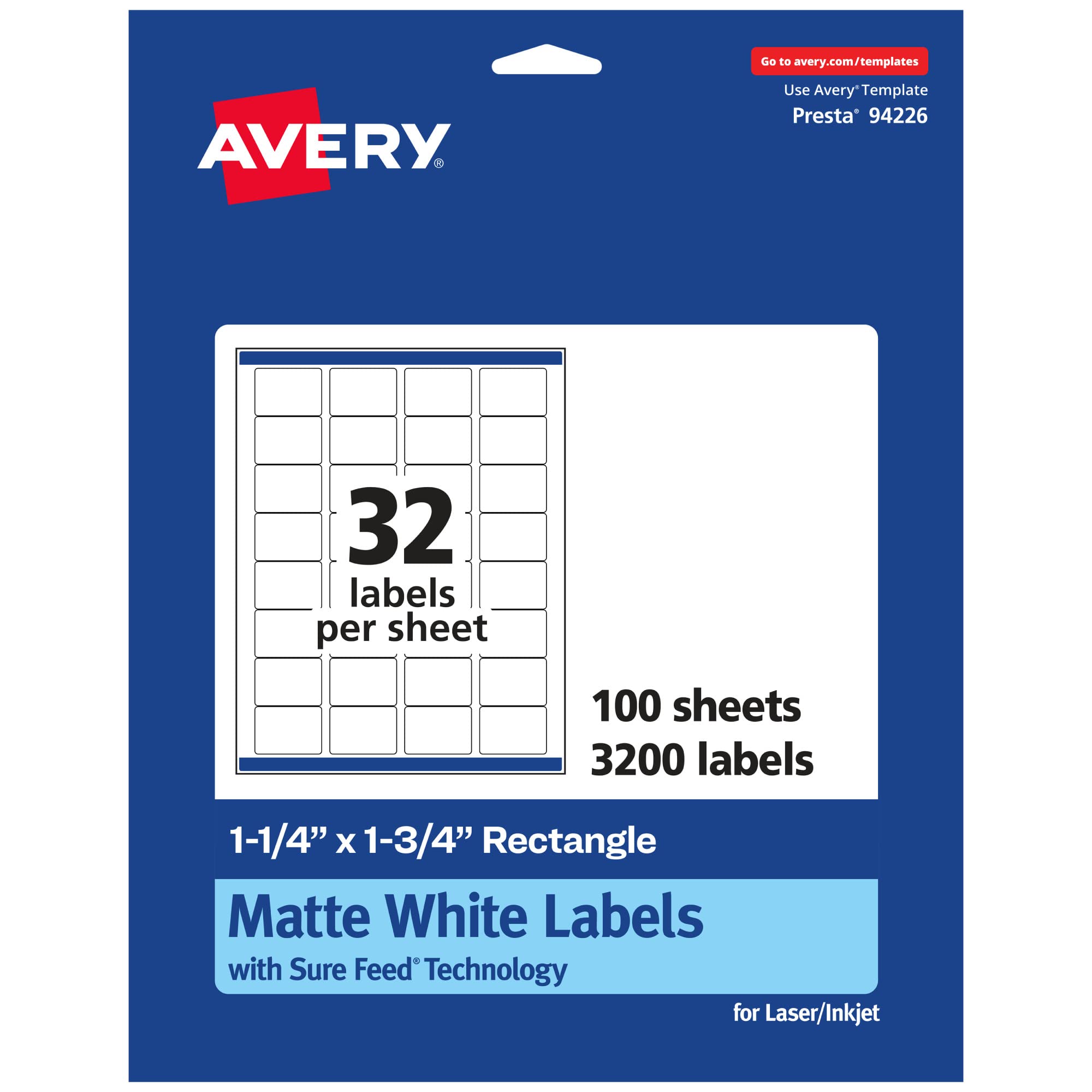 Avery Matte White Rectangle Labels, Sure Feed Technology, 1.25" x 1.75"