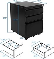 Mount-It! 3 Drawer Mobile File Cabinet with Lock and Wheels