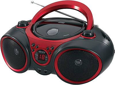 JENSEN 3W RMS CD-490 Portable Stereo CD Player With AM/FM Radio, 5-13/16inH x 9-1/8inW x 8-1/4inD, Black/Red