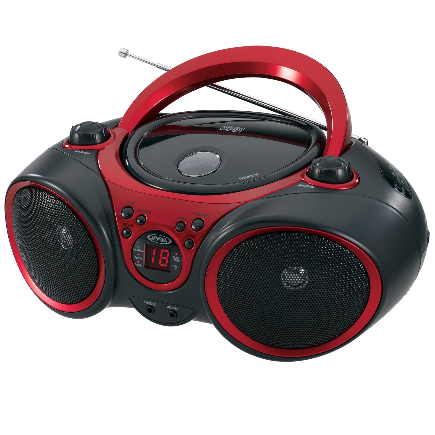 JENSEN 3W RMS CD-490 Portable Stereo CD Player With AM/FM Radio, 5-13/16inH x 9-1/8inW x 8-1/4inD, Black/Red
