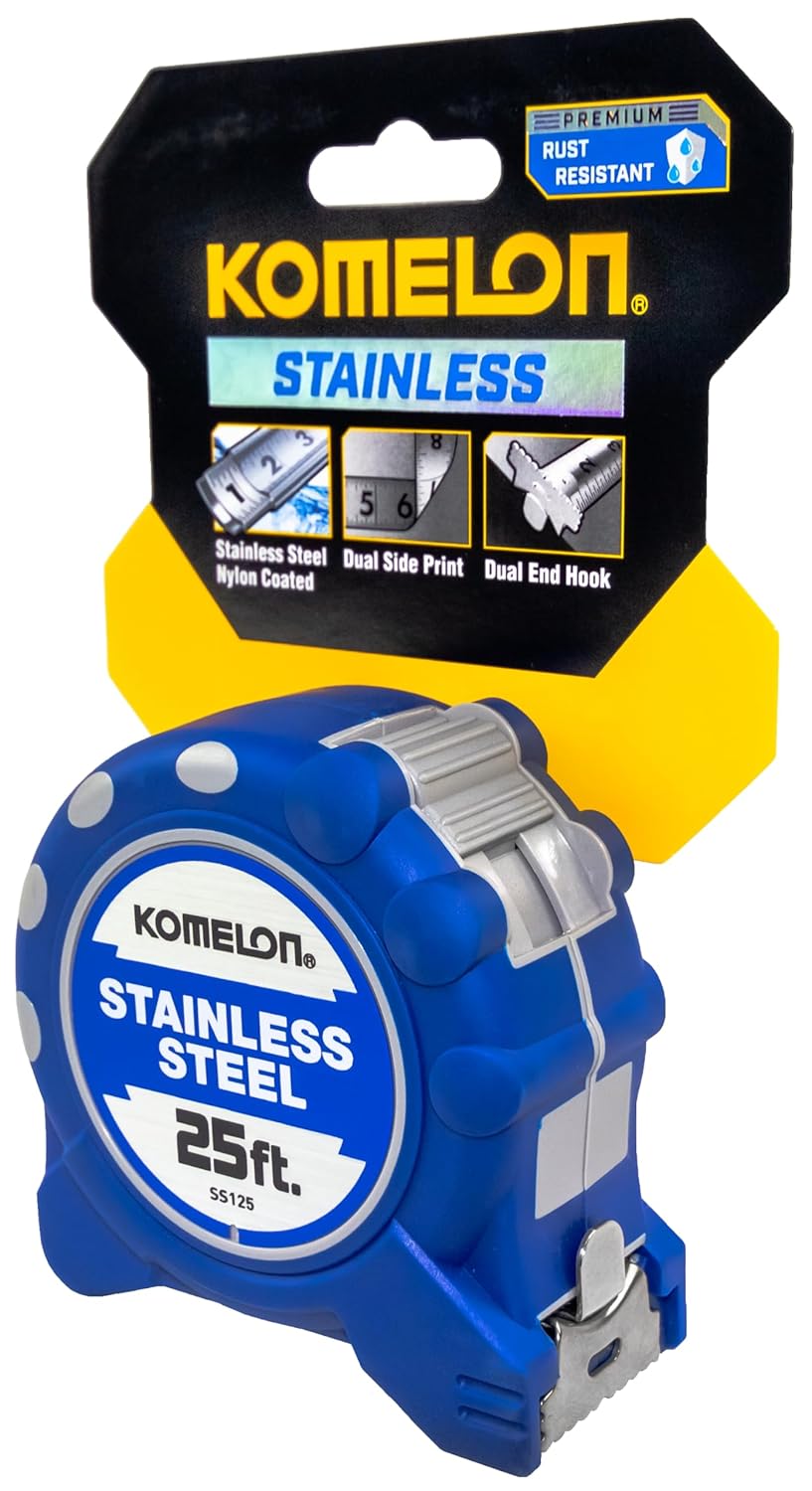 Komelon SS125 Gripper 25-Foot Stainless Steel Measuring Tape, Blue Stainless Steel 7.6 m