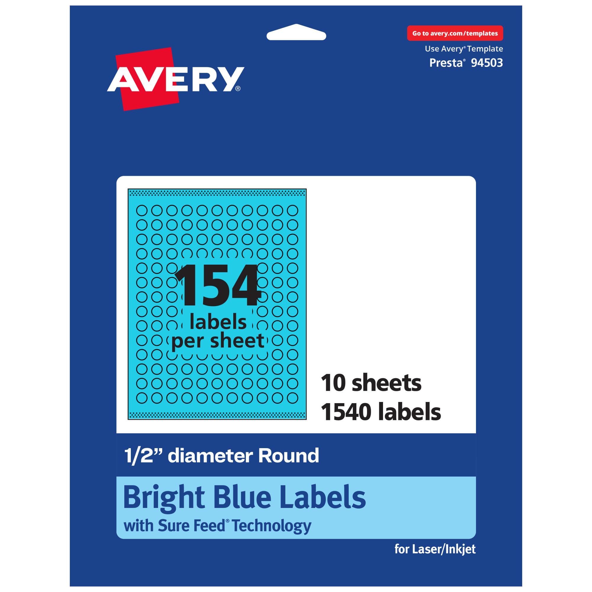 AVERY Printable Round Labels, Sure Feed Technology, 1/2" Diameter, Bright Blue, Print-to-the-Edge, Laser/Inkjet